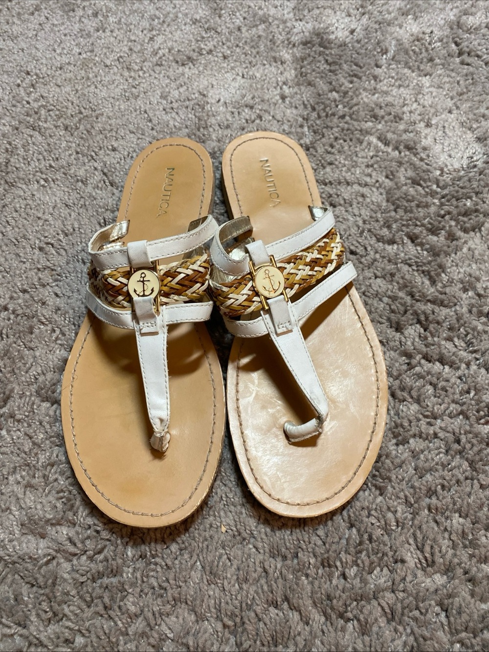 Nautica White and Tan Braided T-Strap Slide Sandals with Anchor Accent